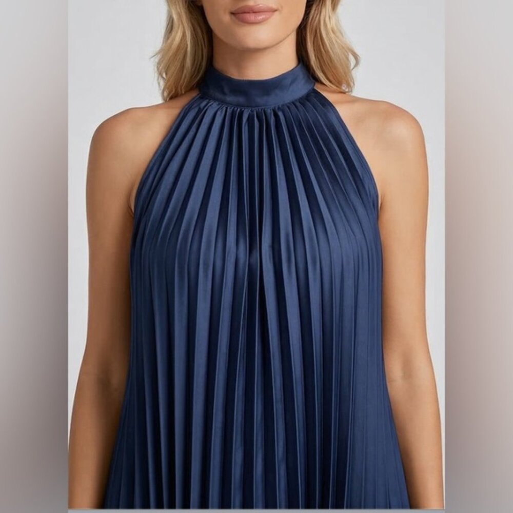 Tie Back Pleated Halter Dress Blue - Picture 2 of 6